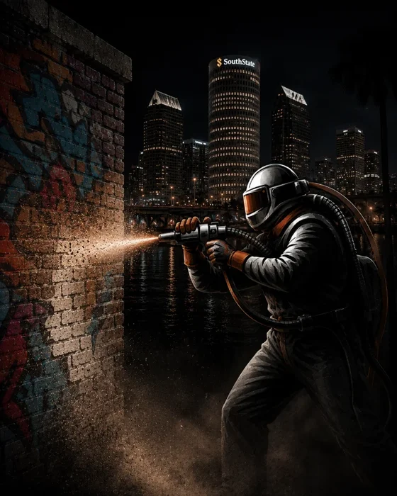 Blastworx technician in protective gear blasting graffiti off a brick wall at night, Tampa skyline behind