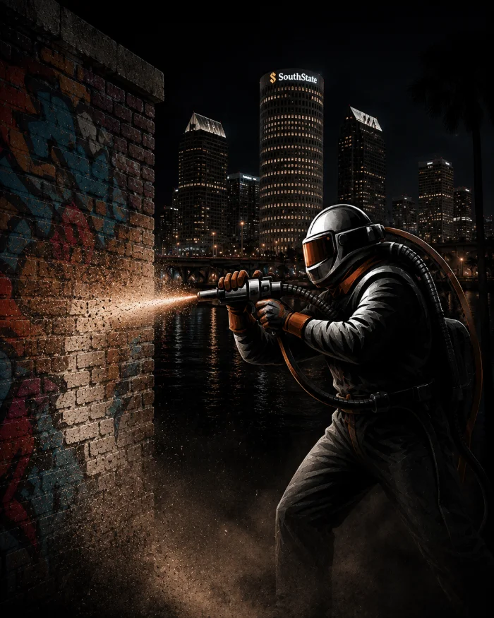 Blastworx technician in protective gear blasting graffiti off a brick wall at night, Tampa skyline behind