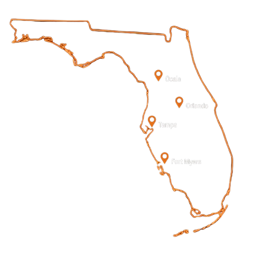 Map of Florida marking Blastworx service areas: Tampa, Ocala, Orlando, and Fort Myers