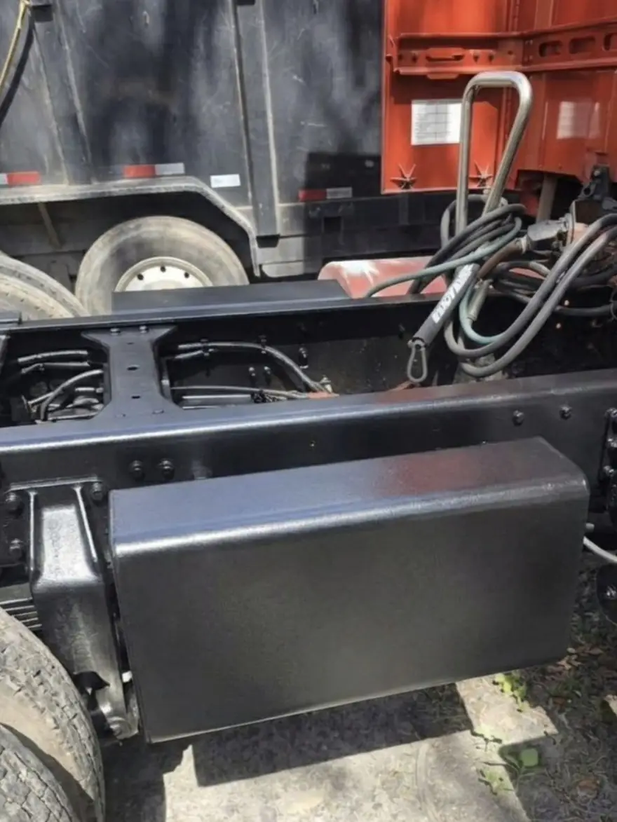 Fleet truck chassis blasted clean of grease and rust and coated after blasting