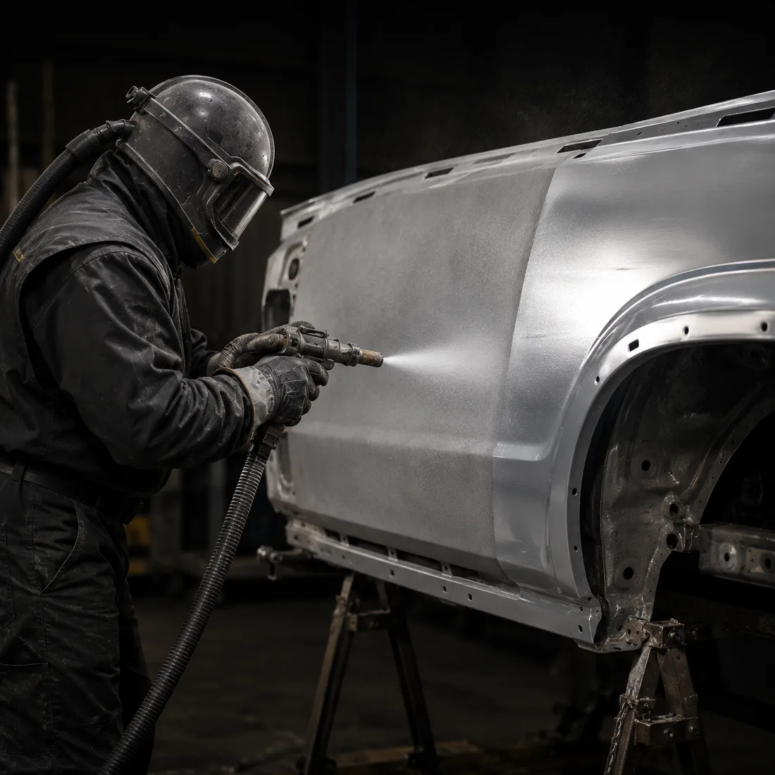 Technician blasting an auto body panel to bright bare metal without warping it