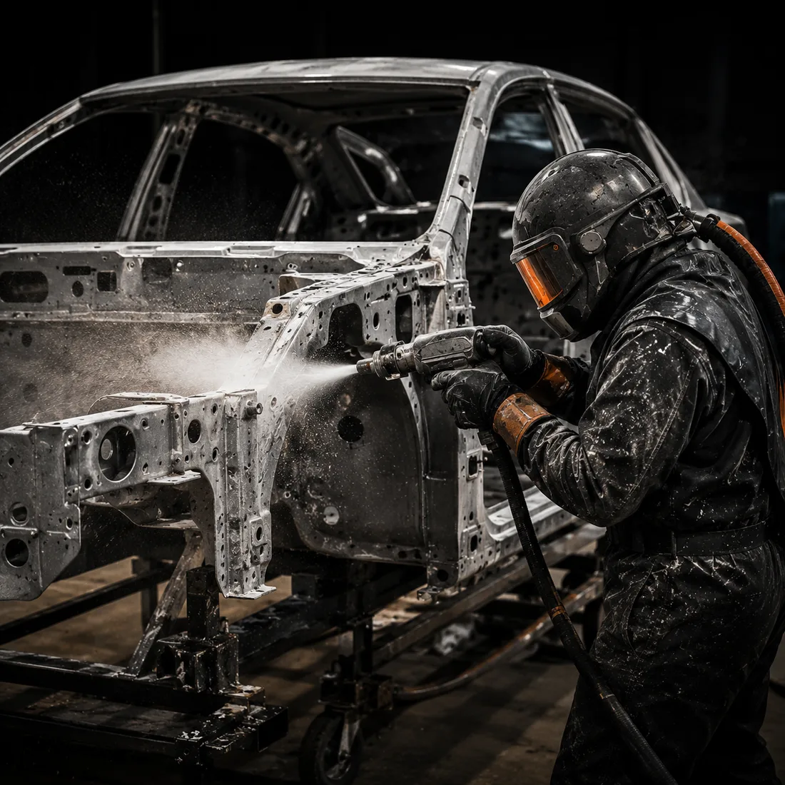 Blastworx technician blasting a car body shell down to clean bare metal on a stand