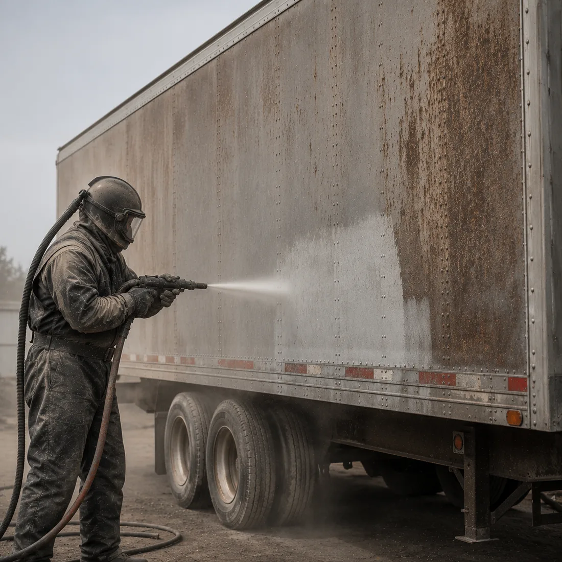 Technician blasting old coating and grime off the side of a commercial semi trailer