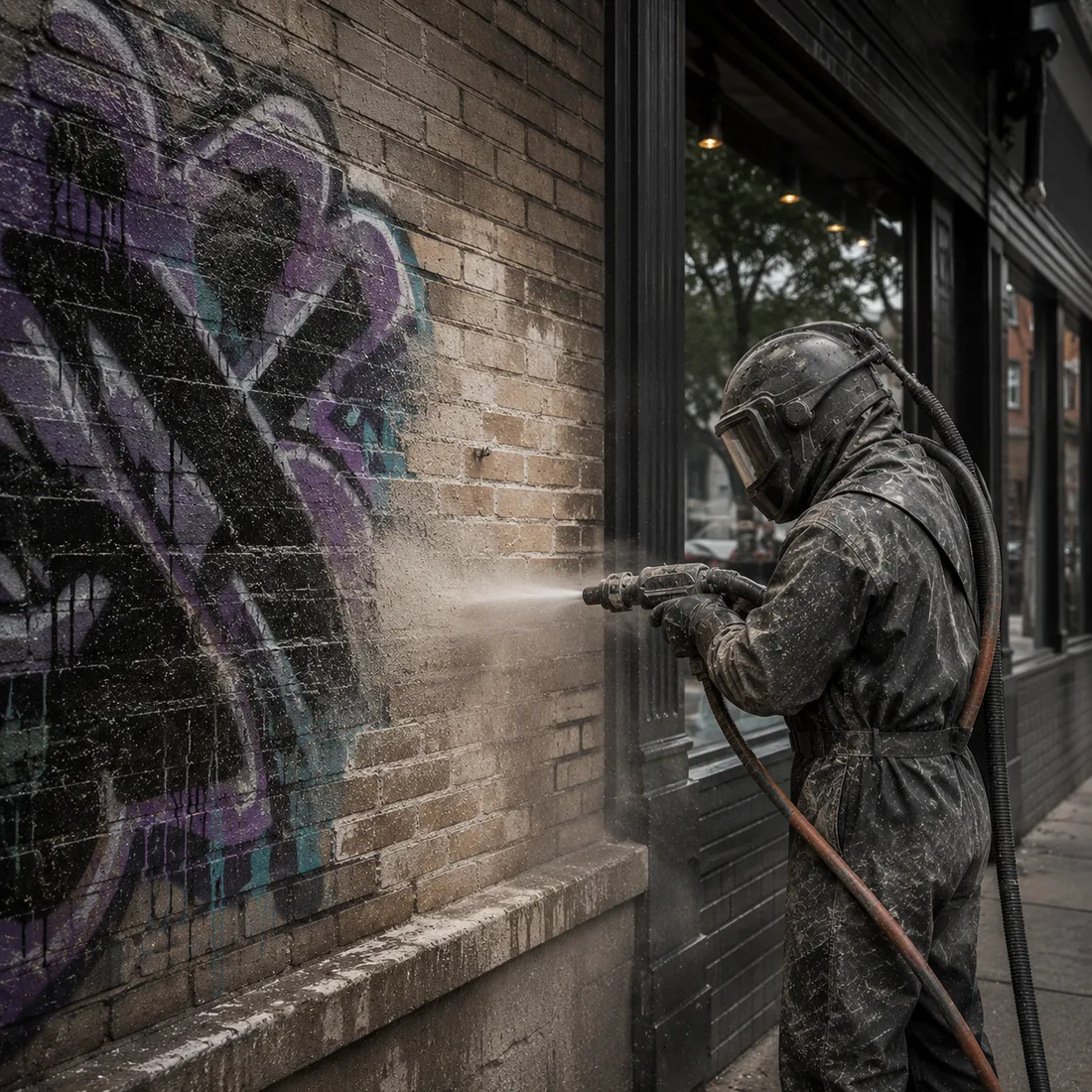 Blastworx technician blasting graffiti off a brick storefront wall on-site