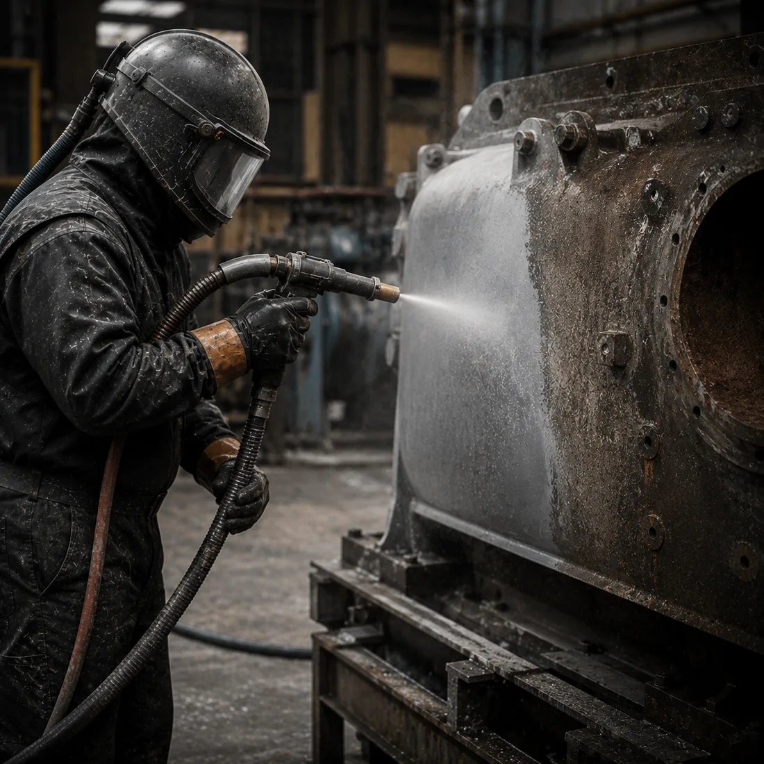 Technician blasting rust and old coating off a large industrial tank