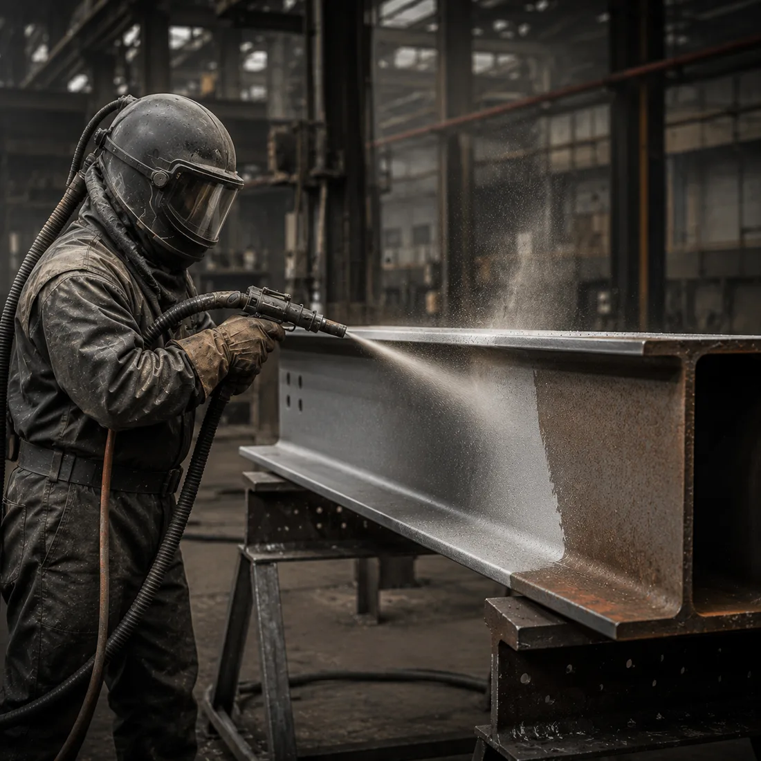 Technician blasting a structural steel I-beam back to clean metal in a warehouse