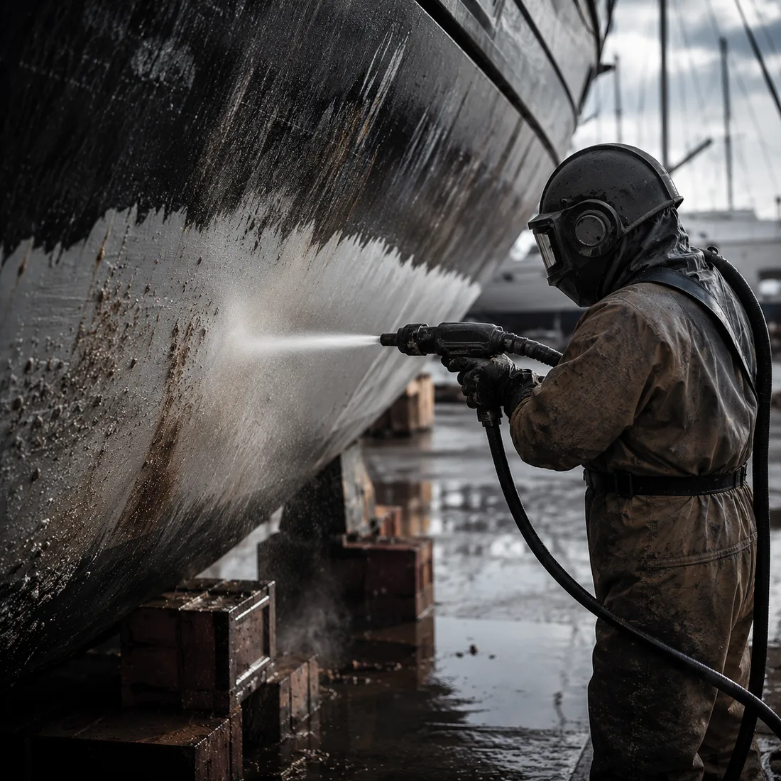 Technician soda blasting old bottom paint off a boat hull dockside, gelcoat protected
