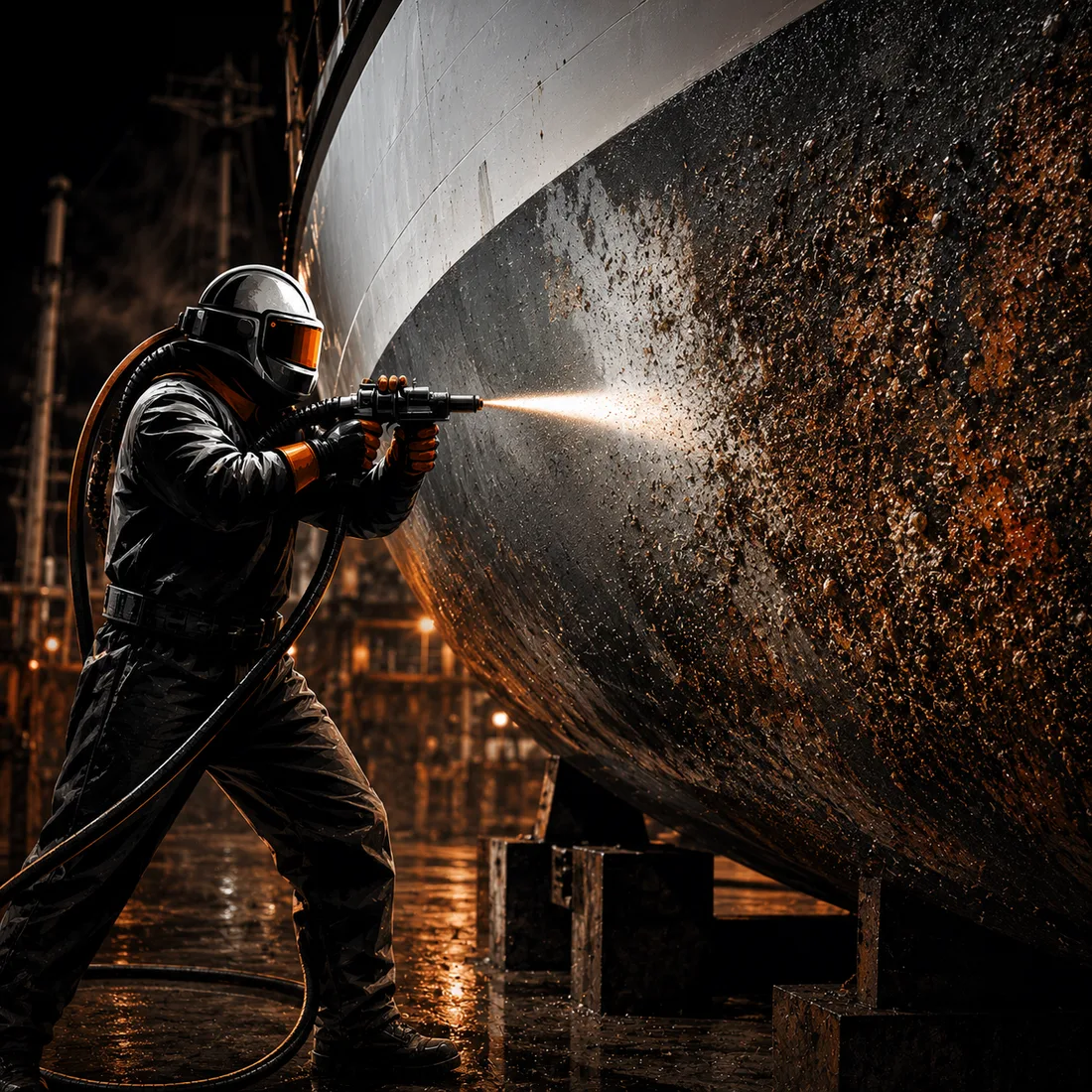 Blastworx technician blasting rust and growth off a boat hull near the marina