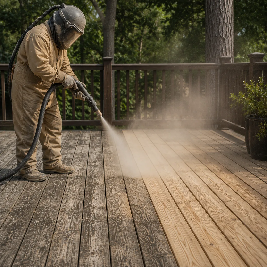 Technician soft-media blasting an old wood deck clean without gouging the boards