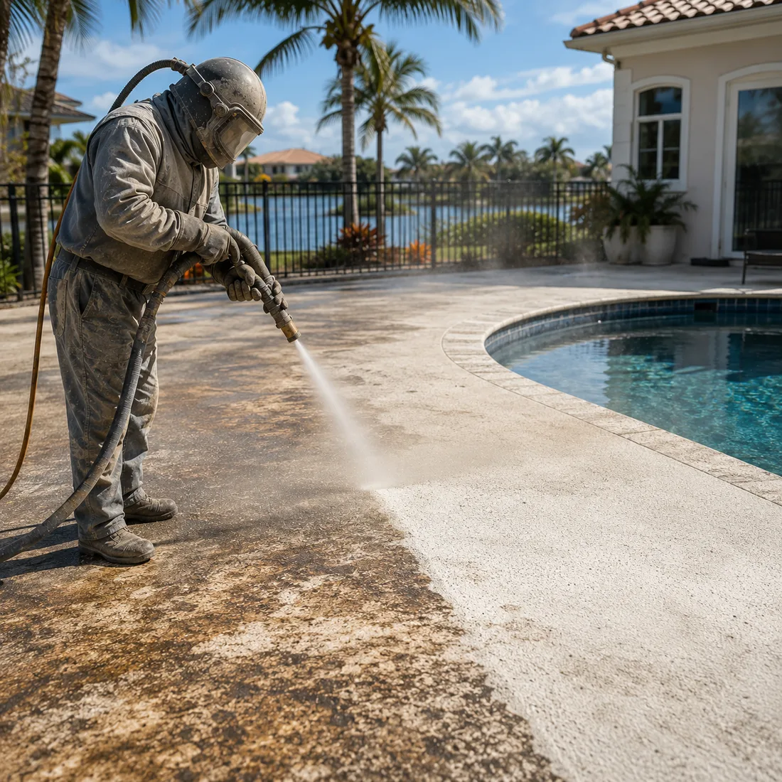 Technician blasting old coating off a concrete pool deck at a Tampa Bay home